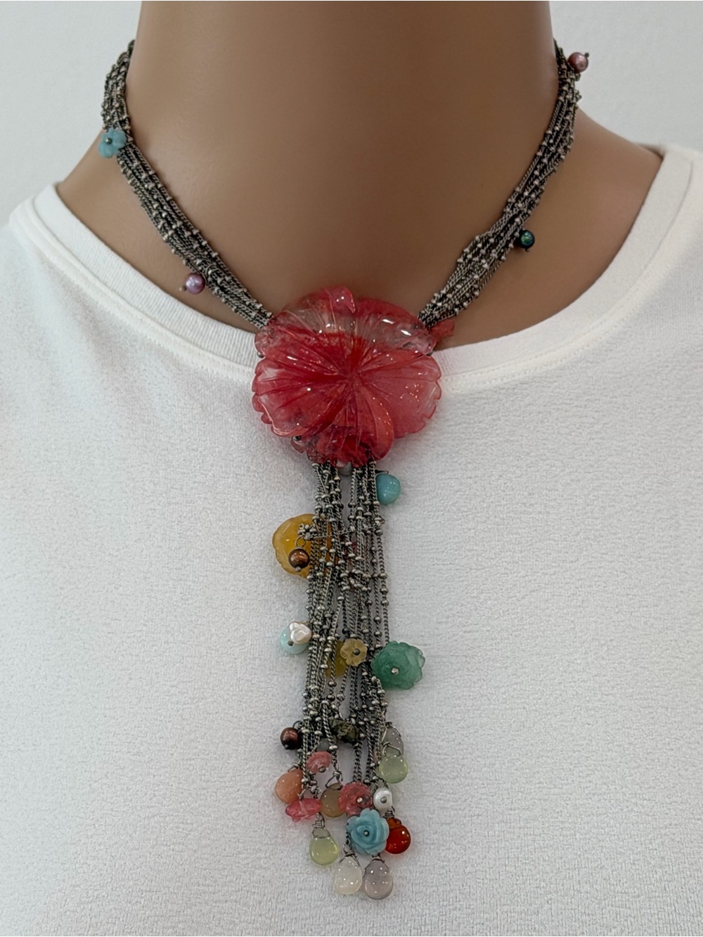 Stunning Kenneth Cole Boho/Beachy Statement Necklace, Floral Pendant, Fringe,